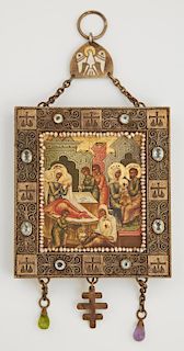 Russian Panagia of the Nativity of The Virgin, 1908-1917, Moscow, Mstera school, in a silver filigree hanging frame mounted w