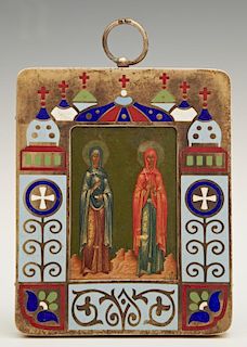 Russian Panagia of Saints Marfa and Maria, 1908-1917, Moscow, Mstera school in a silver and enamel frame, with a maker's mark