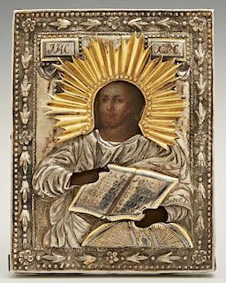 Russian Icon of Christ Holding the Bible, early 19th c., Moscow, with a gilt silver niello oklad, with a maker's mark of "I.B