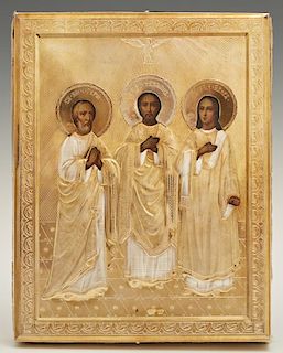 Russian Icon of Saints Gury, Simon and Aviv, 1896-1908, Moscow, with a gilt silver oklad with a maker's mark of "A.F." in Cyr