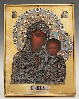 Russian Icon of the Virgin of Kazan, 1896-1908, Moscow, with a gilt silver, filigree and enamel oklad, with a maker's mark of