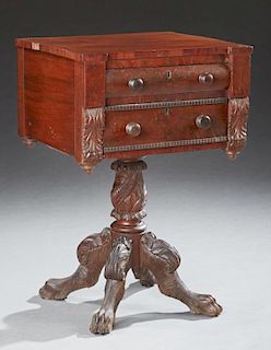 American Federal Carved Mahogany Work Table, 19th c., the rectangular top over two drawers, on a turned carved urn support to
