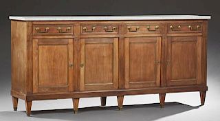 Louis XVI Style Carved Mahogany Marble Top Sideboard, 20th c., the rectangular figured white marble over four frieze drawers 