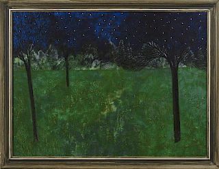 Ann T. Cooper (1935-2005, Louisiana), "Trees Under the Night Sky," 20th c., oil on masonite, signed lower right, framed, H.- 