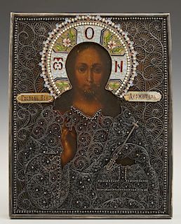 Russian Icon of Christ Pantocrator, 1896-1908, Moscow, with a silver filigree and enamel oklad, with a maker's mark of "SG" i