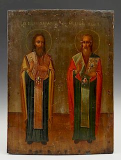 Russian Icon of St. John the Baptist and St. John the Martyr, 19th c., oil on curved wooden panel, H.- 12 1/8 in., W.- 9 in.