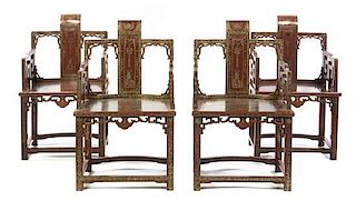A Set of Four Chinese Lacquered Armchairs, Height 41 x width 23 3/4 x depth 17 1/2 inches.