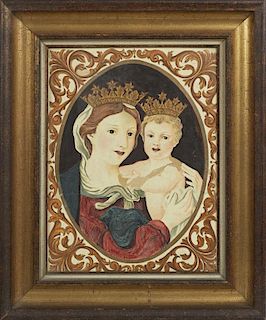 Continental School, "Madonna and Child," early 20th c., oil on terracotta plaque, presented in a gilt frame, H.- 16 in., W.- 