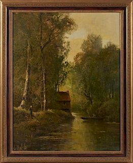 French School, "Mill on the Stream," 19th c., oil on canvas, signed indistinctly lower left, presented in a polychromed and g
