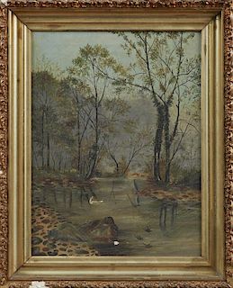 Southern School, "King Fisher in a Swamp Landscape," 19th c., oil on canvas, presented in a gilt and gesso frame, H.- 15 1/2 
