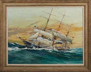 John Korver (1910-1988, Baton Rouge, Louisiana), "Schooner in Rough Seas," 20th c., oil on canvas, signed lower right, presen