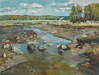 Dennis Poirier, (American), "Stream in a Landscape," 20th c., oil on canvas, signed lower left, unframed, H.- 14 in., W.- 18 