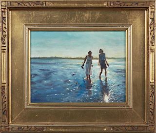 Stan Mueller (American), "Wading in the Water," 2005, oil on board, signed lower left, also signed and dated verso, presented