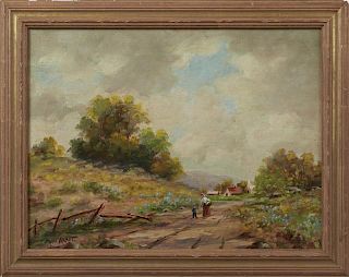 Mari Arndt, "Mother and Child on a Country Road," 20th c., oil on board, signed lower left, presented in a gilt frame, H.- 11
