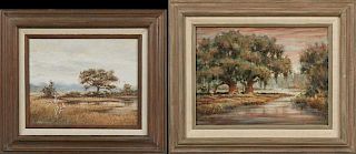 William Stracener, "Moss Draped Oaks," and "Oak Tree in the Marsh," c. 1982, two oil on boards, signed lower left, framed, Mo