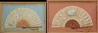 Two French Silk Hand Painted Fans, c. 1890, presented in gilt shadow box frames, with gilt floral decorated spines, H.- 13 1/