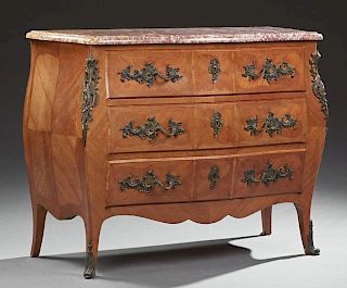 French Louis XV Style Ormolu Mounted Inlaid Mahogany Bombe Bowfront Marble Top Commode, early 20th c., the thick highly figur