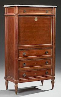 French Carved Mahogany Ormolu Mounted Louis XVI Style Marble Top Secretary Abattant, early 20th c., the ogee edge cookie corn