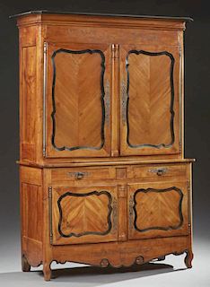 Louis XV Style Carved Cherry Buffet a Deux Corps, 19th c., the rectangular stepped canted corner crown above two paneled door