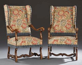 Unusual Pair of French Caned Beech Wing Chairs, early 20th c