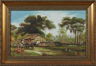 After William Aiken Walker, "Louisiana Cabin," late 20th c., oil on canvas, presented in a gilt frame, H.- 13 1/4 in., W.- 22