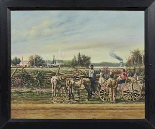 After William Aiken Walker, "Plantation Scene Near the River," late 20th c., oil on canvas, presented in an ebonized frame, H