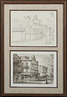 Jack R. Miller (1942-2014, New Orleans), "Barracks and Decatur," 1982, etching, 28/250, pencil numbered lower left margin, pe