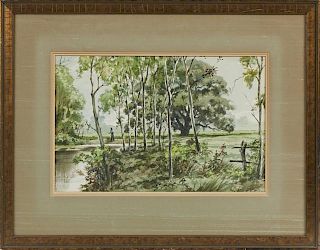 John Korver (1910-1988, Baton Rouge), "Fisherman in a Louisiana Landscape," 20th c., watercolor, signed lower right, presente