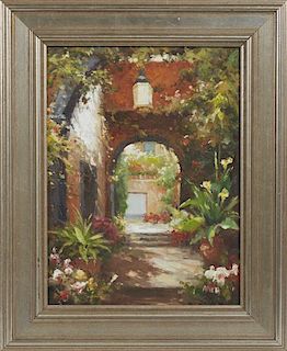 Allen (New Orleans)," French Quarter Patio," 20th c., oil on canvas, signed lower right, presented in a silvered frame, H.- 1
