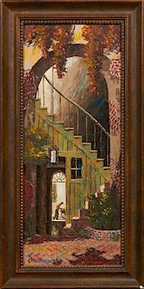 Drummond, "French Quarter Patio," 20th c., oil on masonite, signed lower left, framed, H.- 24 in., W.- 10 in.