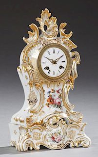 Old Paris Porcelain Mantle Clock, 19th c., by Japy Freres, time and strike, with gilt and floral decoration, the movement mar