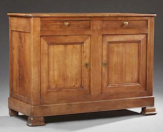 French Provincial Carved Cherry Louis Philippe Style Sideboard, 19th c., the rounded corner rectangular top over two large fr