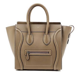 A Celine Taupe Leather Micro Luggage Tote, 12" x 12" x 7"; Handle drop: 5".