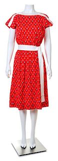 A Celine Red Cotton Sailboat Dress, Size 40; Self tie: 74" x 2.25".
