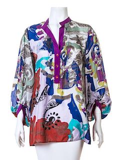 An Etro Multicolor Silk Sheer Blouse, Size 44.