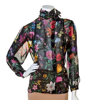 A Gucci Black Floral Silk Sheer Blouse, Size 40.