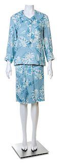 A Guy LaRoche Blue Floral Jacket and Skirt Set, No size.
