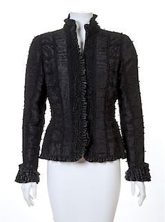An Oscar de la Renta Black Silk Ruched Evening Jacket, Size 8.