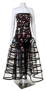 An Oscar de la Renta Black Floral Embroidered Gown, Size 4.
