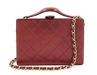 A Chanel Burgundy Lambskin Quilted Box Bag, 7.5" x 5.25" x 2.5"; Strap drop: 18".