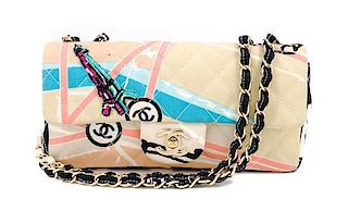 A Chanel Eiffel Tower Print Quilted Flap Bag, 9" x 5" x 2.5"; Strap drop: 16".