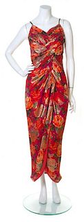A Scaasi Multicolor Silk Floral Sleeveless Gown, No size.
