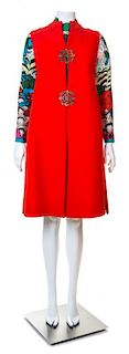 A Tina Leser Multicolor Silk Dress and Red Wool Vest, No size.