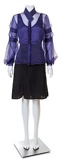 A Valentino Purple Silk Blouse and Black Skirt Set, Blouse size 6.