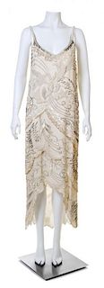 A Cream Hand Beaded Sleeveless Gown, No size.