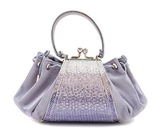 A Judith Leiber Purple Satin and Crystal Handbag, 8" x 4" x 3".