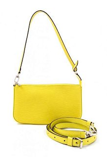 A Louis Vuitton Neon Yellow Epi Leather Pochette, 9" x 5.25" x 1.25"; Strap drop: 9".