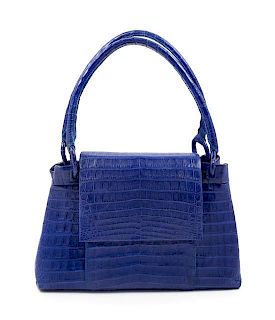 A Nancy Gonzalez Blue Columbian Crocodile Handbag, 13" x 9" x 2.75"; Handle drop: 7".