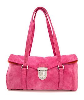 * A Prada Pink Suede Handbag, 12.5" x 7.5" x 4.5"; Strap drop: 9".