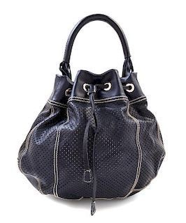 * A Prada Navy Perforated Leather Bucket Bag, 13" x 12" x 4"; Handle drop: 4.5".